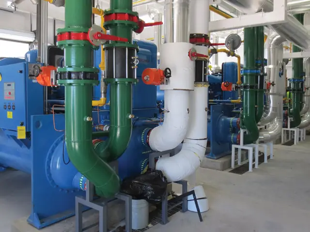 Chillers azuis com tubulações verdes e brancas