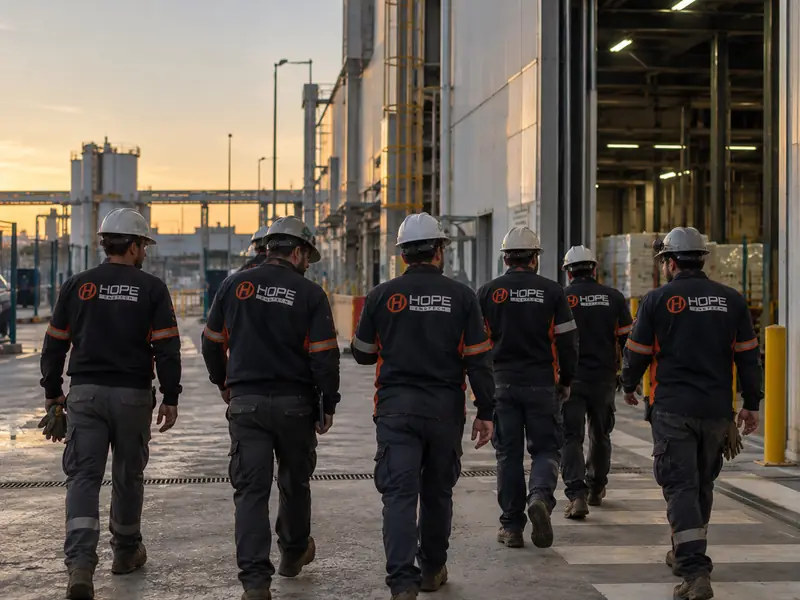 Equipe com uniforme HOPE ENGTECH caminhando em um pátio industrial ao entardecer