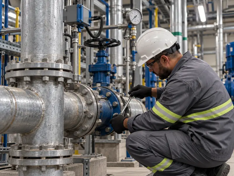 Técnico apertando conexão flangeada de válvula em tubulação industrial